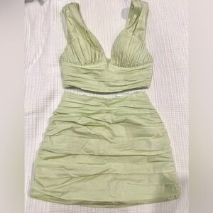 Meshki Sage Green Ruched Crop Top and Skirt Set